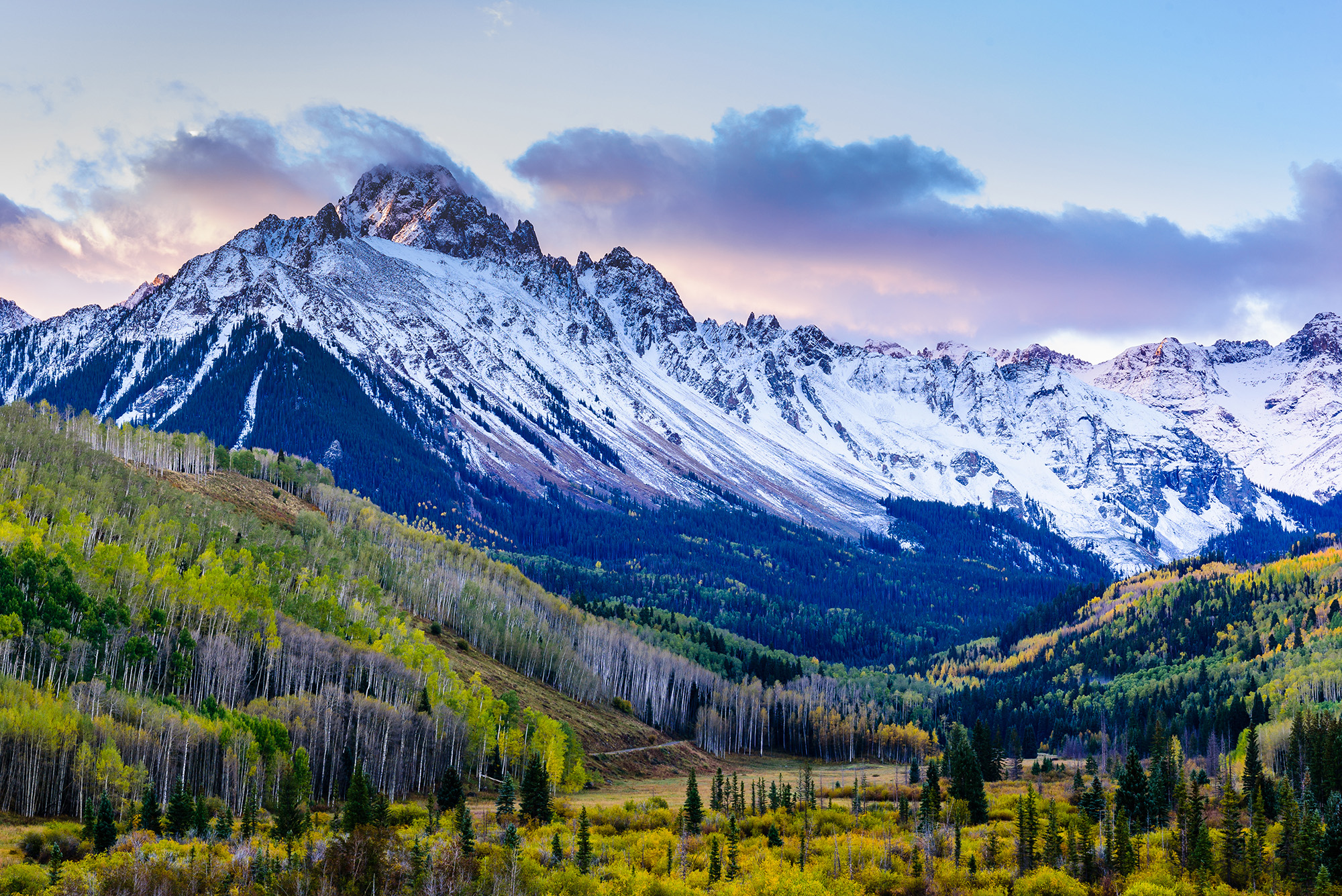 Cropped Beautiful And Colorful Colorado Rocky Mountain Autumn Scenery. Mt. Sneffels In The San Juan Mountains At Sunrise